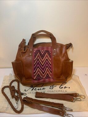 Nena & Co. Brown Leather Tote with Burgundy Embroidered Panel